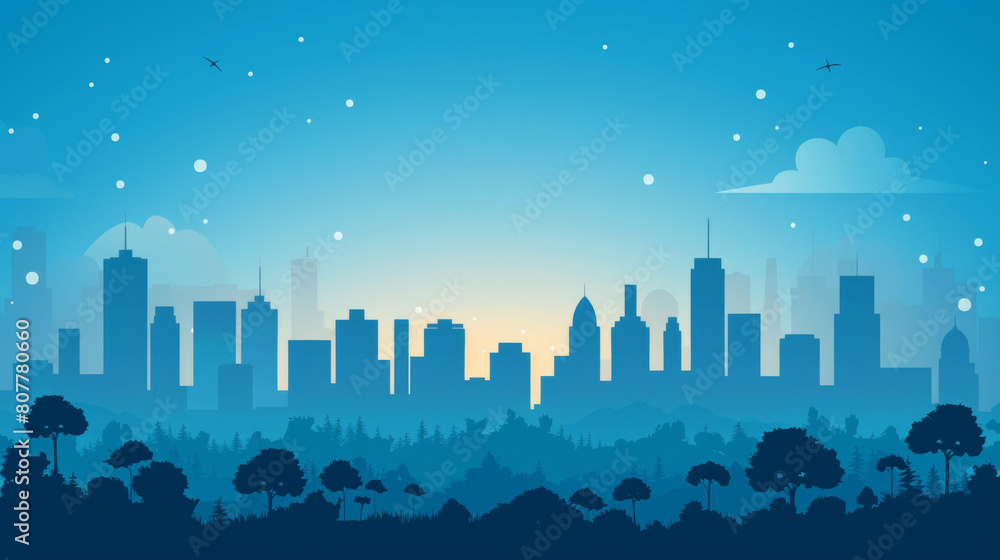 Fototapeta premium Stylized digital illustration of a blue-toned cityscape under a gradient sky, featuring simple geometric shapes.