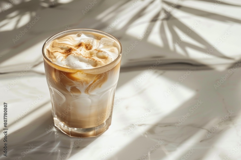 A glass of coffee with a swirl of cream on top. The coffee is hot and steaming A glass of coffee with a swirl of cream on top. The coffee is hot and steaming