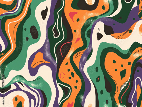 Postmodern abstract pattern with vibrant orange, green, and lilac colors.