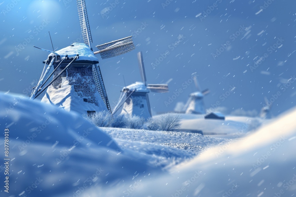 Fototapeta premium A small windmill is on top of a snowy hill