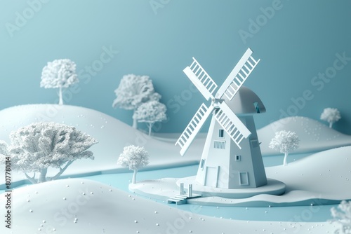 A small windmill is on top of a snowy hill photo