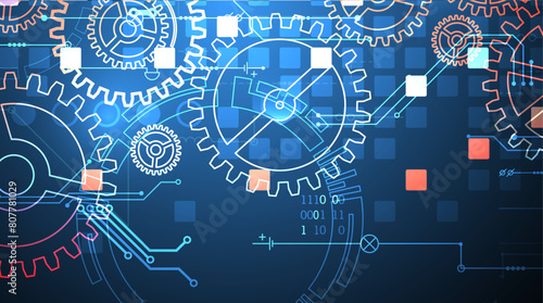 Gear wheel technology pattern on gradient background. Hand drawn vector.