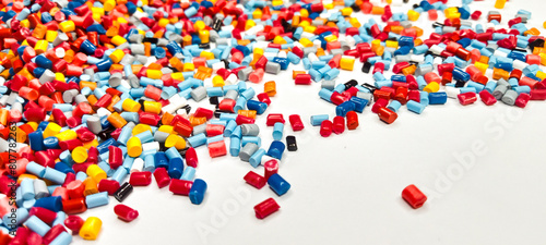 masterbatch granules isolated on a white background for industrial plastic product catalog banner design