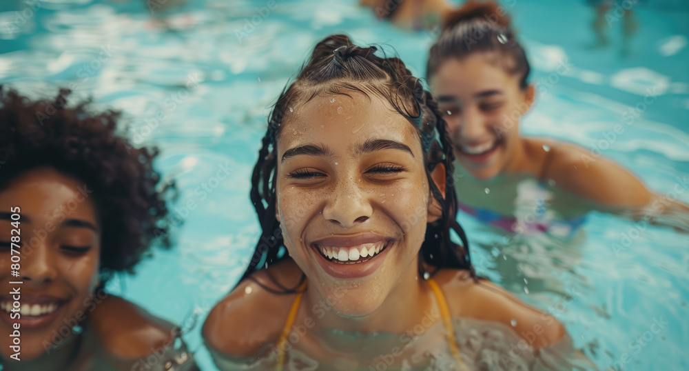 A group of happy young women in the pool, swimming and laughing together