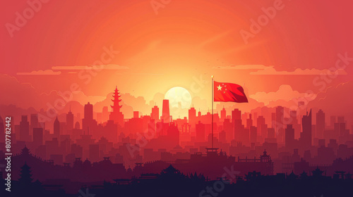 A stunning sunrise backdrop over a cityscape, highlighted by a silhouetted waving national flag.