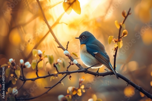 Golden hues of dawn, blue-capped bird perched on branch adorned with delicate buds. Warm backlight creates glowing aura around bird, enhancing its gentle appearance, peaceful ambiance of early morning photo