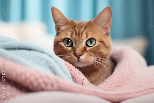 Lifestyle portrait photography of a funny havana brown cat kneading a blanket in pastel or soft colors background © Markus Schröder