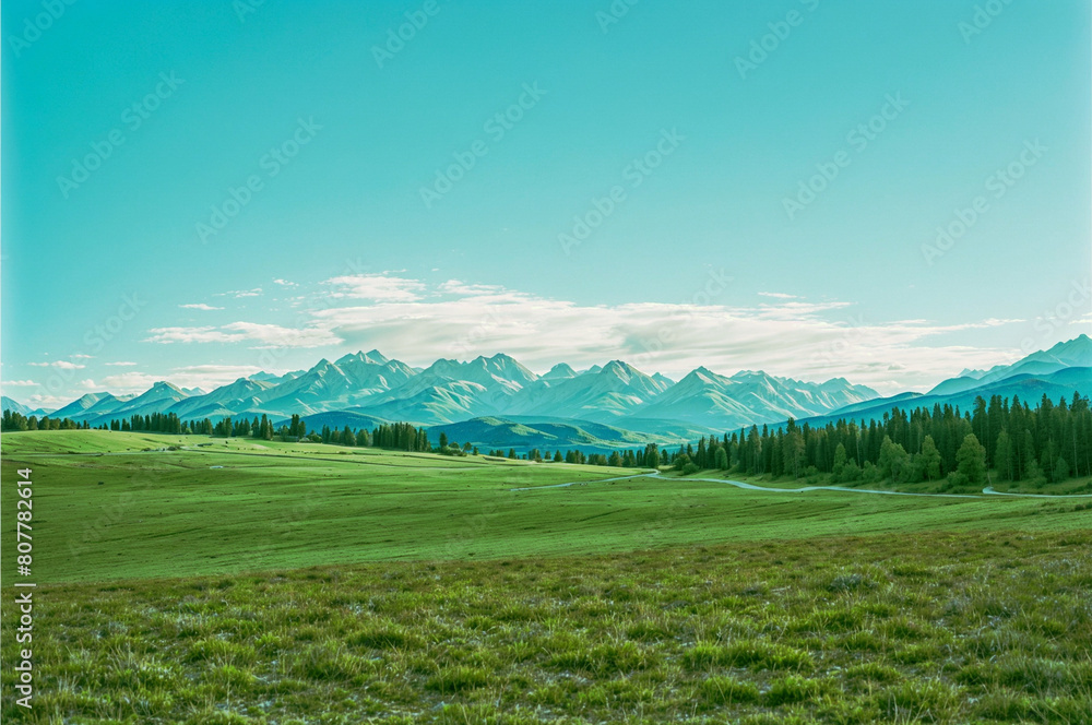 A lush green field sits in the foreground, with a mountain range visible in the background. AI Generative
