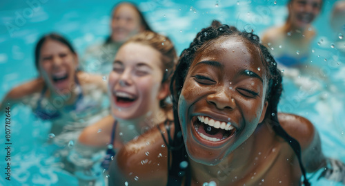 A group of happy young women in the pool, swimming and laughing together © Kien