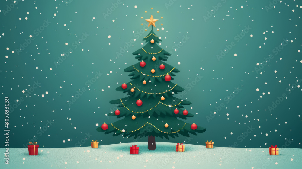 A beautifully decorated Christmas tree under gentle snowfall against a teal background. A beautifully decorated Christmas tree under gentle snowfall against a teal background.