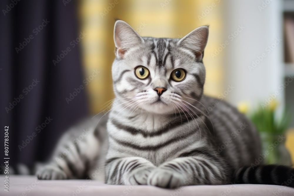 Headshot portrait photography of a cute american shorthair cat grooming over cozy living room background Headshot portrait photography of a cute american shorthair cat grooming over cozy living room background