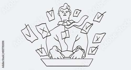 Man put memory notes in his laptop using application or program software. Employee or manager mark with v or x checkbox work done and organize workflow. Line vector illustration. Multitasking concept.