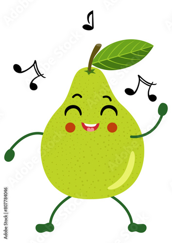 Funny green pear character mascot dancing to music