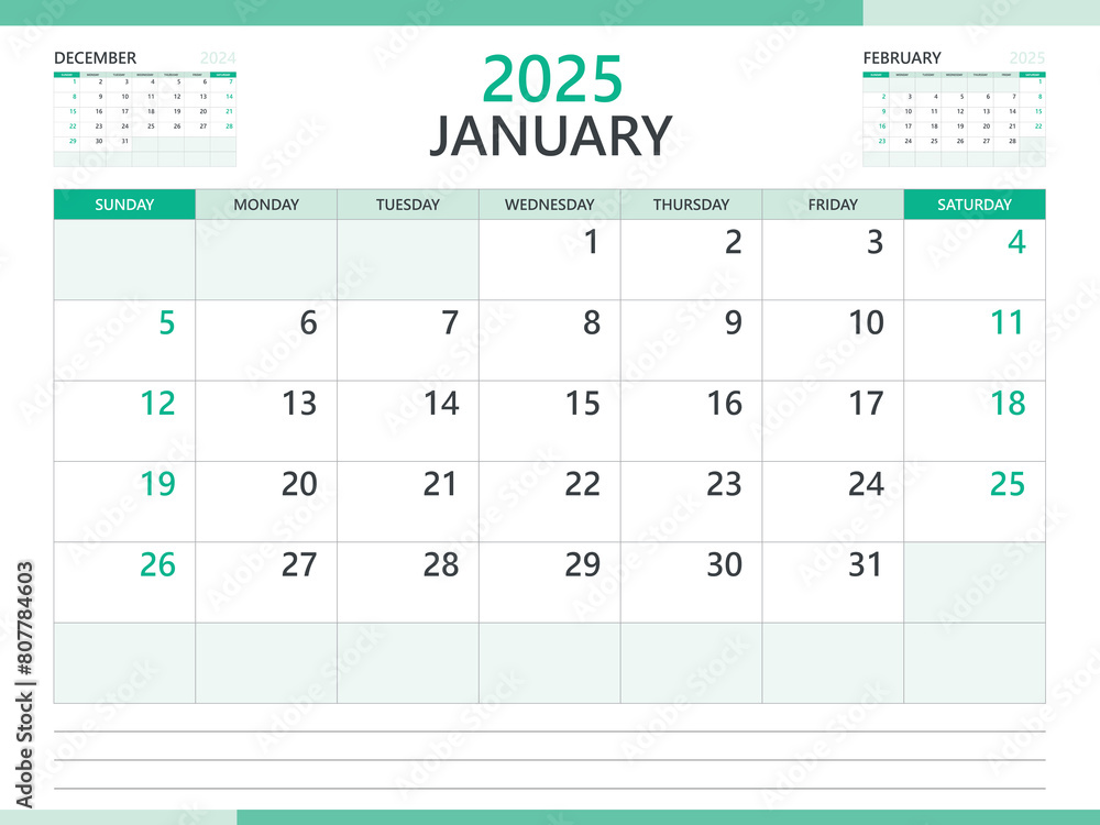 Calendar 2025 template vector on green background, January 2025