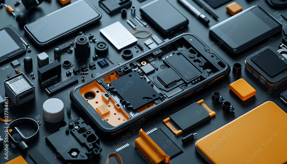 A variety of electronic components are arranged on a black surface. The components are in various shades of orange and black. A variety of electronic components are arranged on a black surface. The components are in various shades of orange and black.