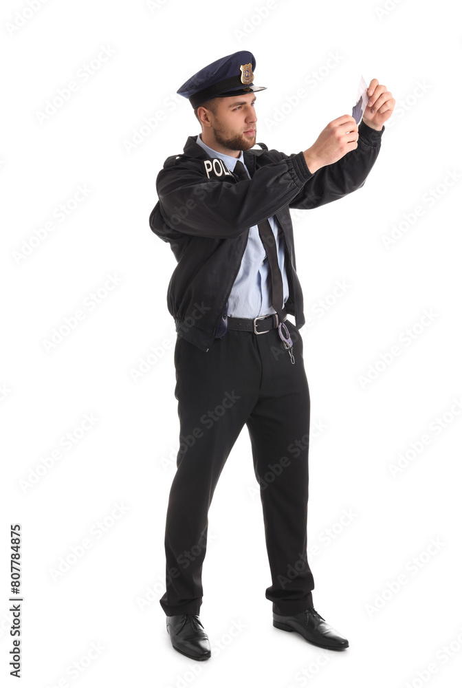 Male police officer with evidence on white background Male police officer with evidence on white background
