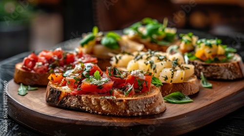Wooden plate holds bruschetta with various toppings