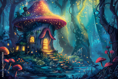 A whimsical scene where a magical mushroom house stands amidst towering trees, a sparkling stream, and glowing flora photo