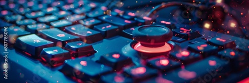 A close-up of a computer keyboard with a red button in the center. The keyboard is lit up with blue and red lights. photo