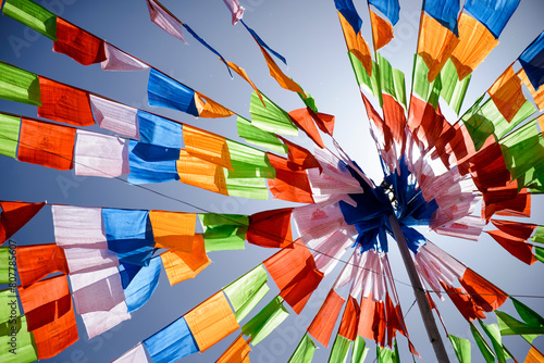 Closeup Tibetan Prayer Flags on Pole