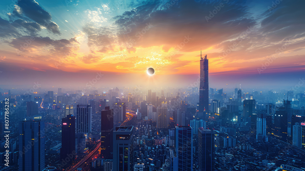 Fototapeta premium Solar eclipse in the sky over a large modern metropolis, view from above