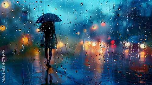 Person with umbrella standing in rain at night