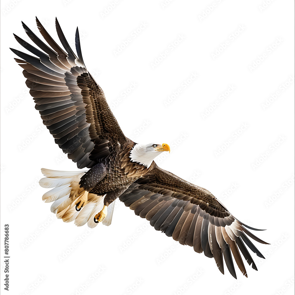 close-up American Eagle is flying gracefully on white background close-up American Eagle is flying gracefully on white background
