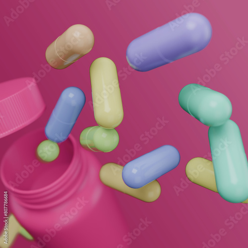Medicine and health concept. White pills from plastic medicine bottle on blue background with copy space. 3d rendering.
