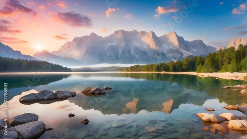stunning summer dawn over the Zugspitze mountain range at Eibsee Lake Beautiful outdoor scene in the GermanAlps  Bavaria  Germany  Europe.