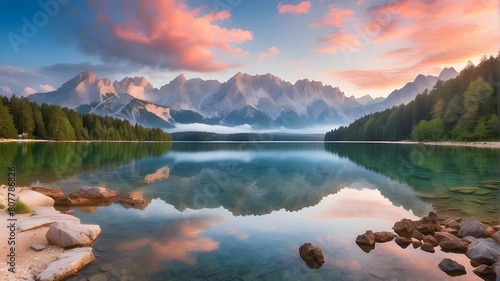 stunning summer dawn over the Zugspitze mountain range at Eibsee Lake Beautiful outdoor scene in the GermanAlps, Bavaria, Germany, Europe. photo