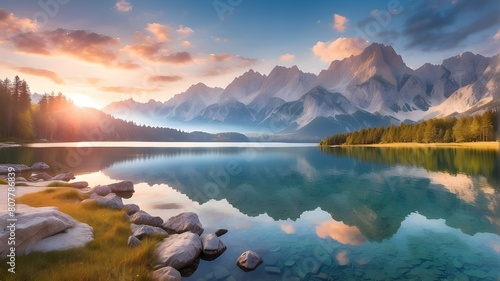 stunning summer dawn over the Zugspitze mountain range at Eibsee Lake Beautiful outdoor scene in the GermanAlps, Bavaria, Germany, Europe. photo