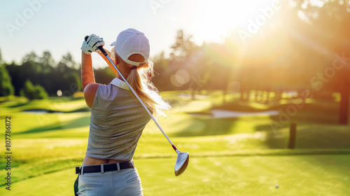 Back view of a young woman in sportswear playing golf on a golf course in the warm rays of the sun