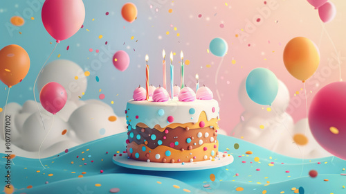 Bright and festive birthday cake adorned with candles and surrounded by colorful balloons and confetti.