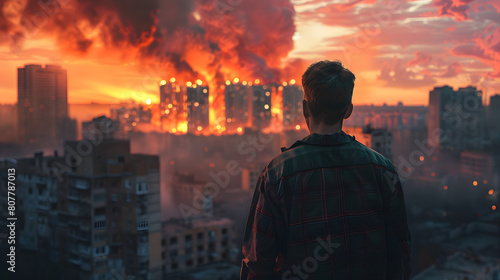 Man looking at a burning city