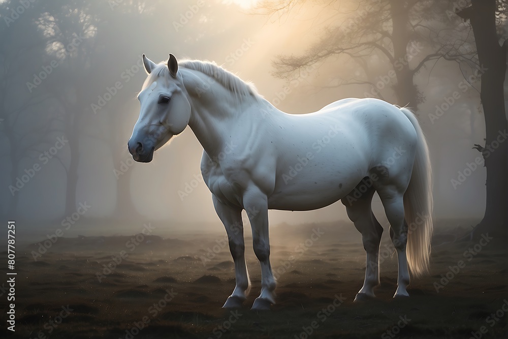 Majestic White Horse: Frontal Portrait with Hazy Background Majestic White Horse: Frontal Portrait with Hazy Background