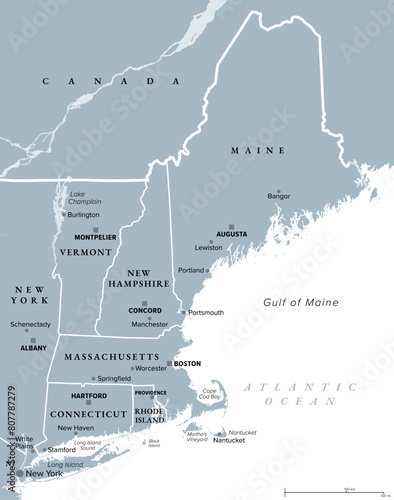 New England, a region of the United States, gray political map. Maine, Vermont, New Hampshire, Massachusetts, Rhode Island and Connecticut with Capitals. Bordered by Mid-Atlantic region and by Canada.