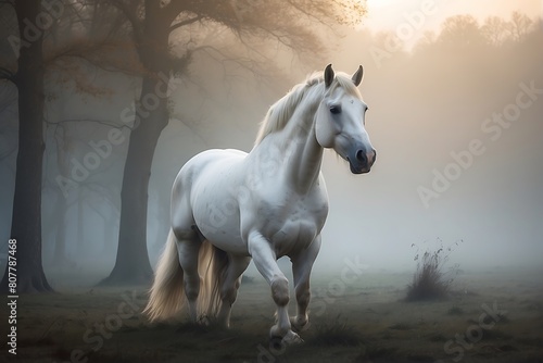 Majestic White Horse  Frontal Portrait with Hazy Background