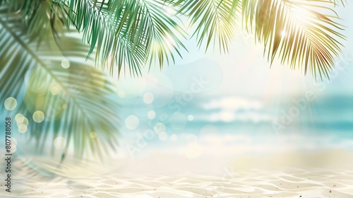 beautiful summer background with palm leaves and a sandy beach © Raffaza