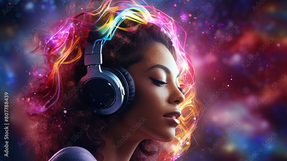 A calm young woman listening to music wearing headphones, Neon Lights Strings From Head Illustration, Mediation - Dynamic audio-themed designs