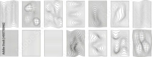 Set of geometry wireframe grid on transparent background. 3D abstract posters, patterns, cyberpunk elements in trendy rave style Y2k. Vector EPS 10