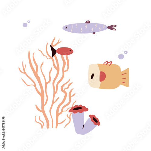 Cute underwater world with sea fish and seaweed in cartoon style. Deep ocean funny creature. Colored flat vector illustration isolated on white background