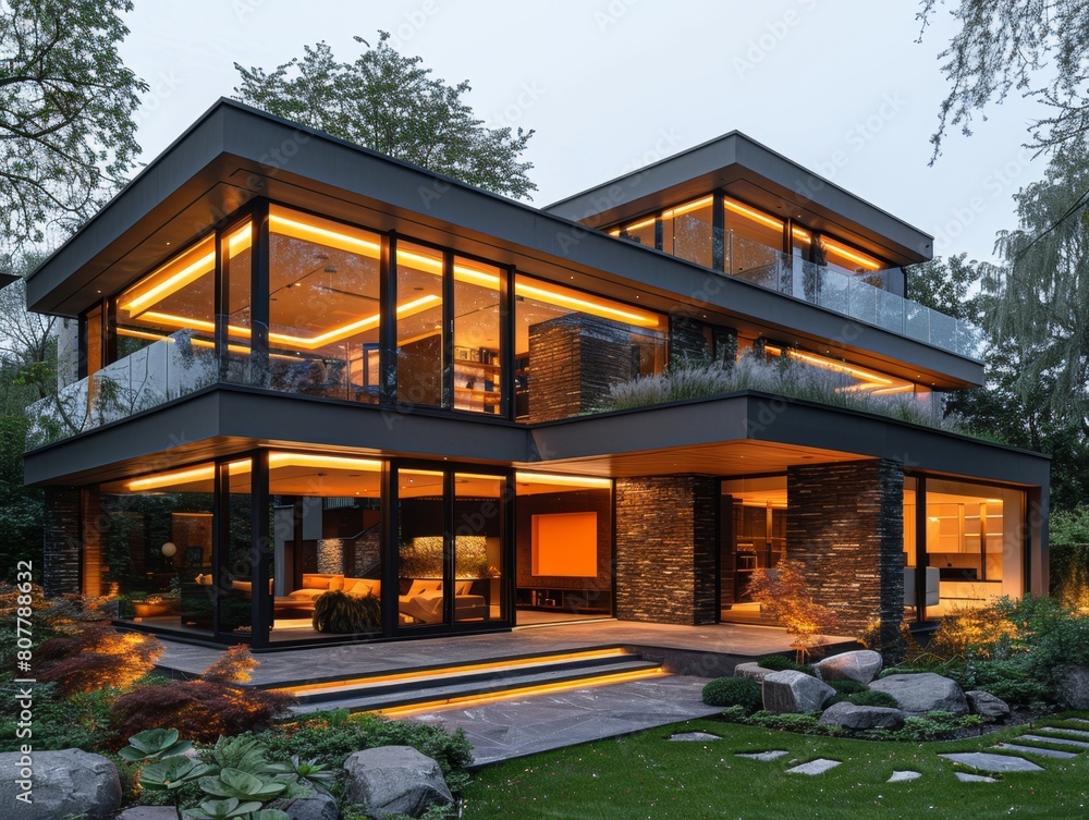Obraz premium Modern luxury minimalist cubic house, villa with glass walls and landscaping design front yard. Residential architecture exterior. 4K HD Wallpaper