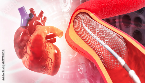 Angioplasty stent with human heart on scientific background. 3d illustration.