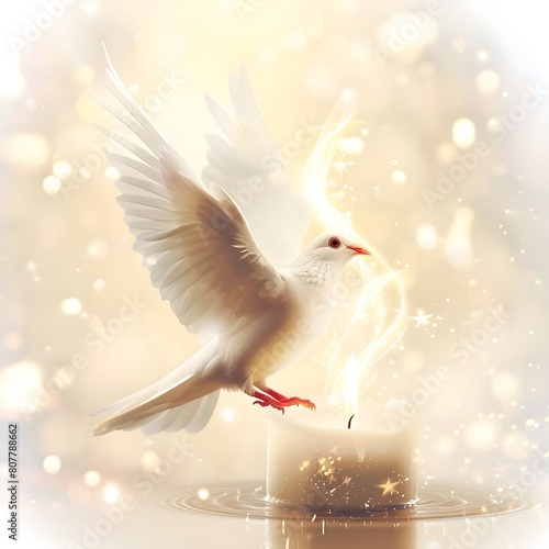 a white dove flying with candle onwhite background photo