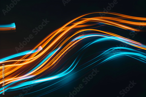Neon lights dancing in vibrant blue and orange hues. Abstract art on black background. © Neon Hub