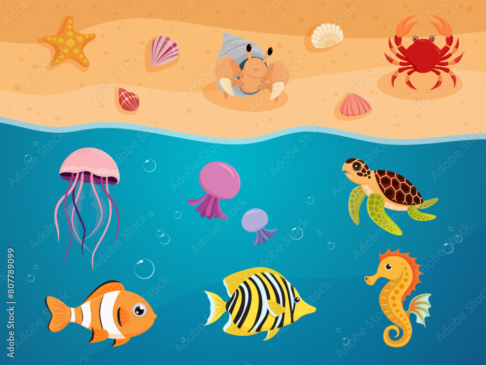 ocean animal fish and sand beach collection cartoon illustration design