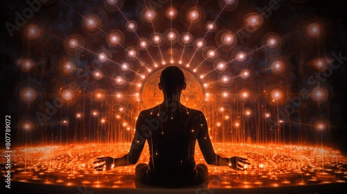 Artistic depiction of the silhouette of a person undergoing both acupuncture and cupping therapy with abstract patterns of energy flow around the body conveying a holistic approach © Jenjira