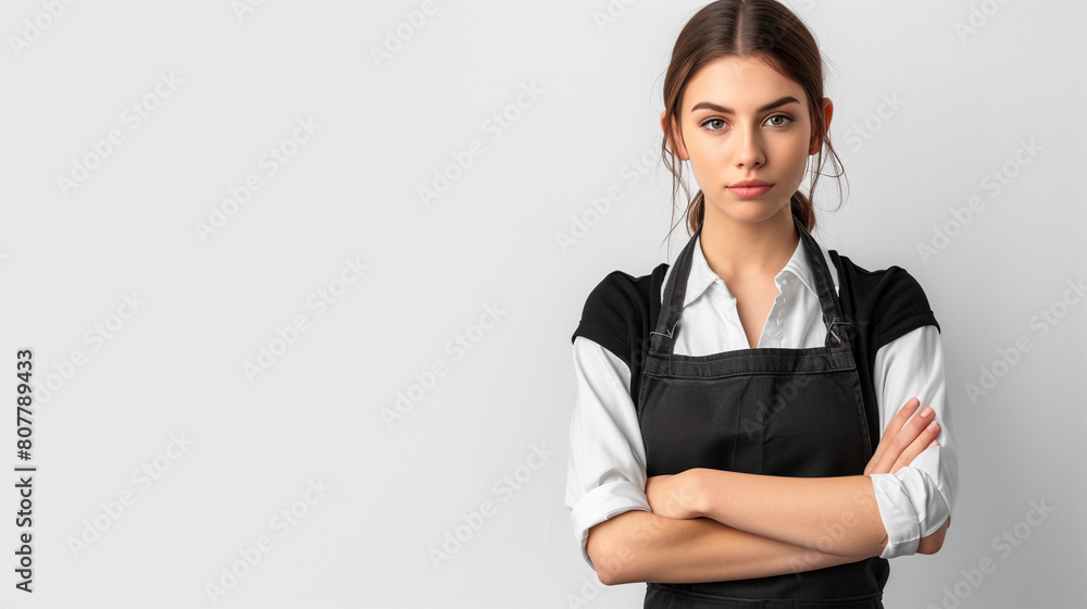 Confident white maid standing with arms crossed - housekeeper, domestic help, cleaning service, professional cleaner, neat and tidy, cleanliness symbol Confident white maid standing with arms crossed - housekeeper, domestic help, cleaning service, professional cleaner, neat and tidy, cleanliness symbol