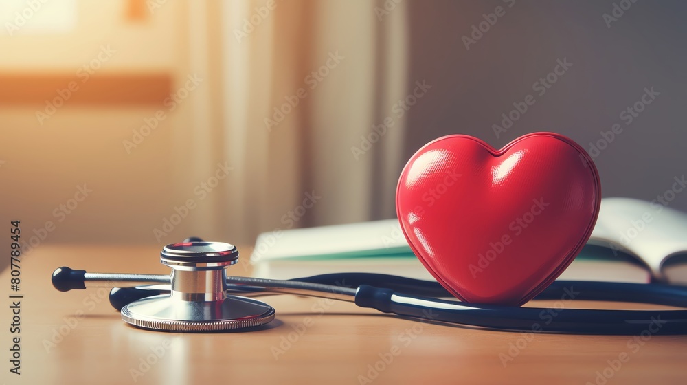 Closeup of a stethoscope and a heart model on a desk symbolizing the focus on heart health and preventive measures in cardiology Closeup of a stethoscope and a heart model on a desk symbolizing the focus on heart health and preventive measures in cardiology