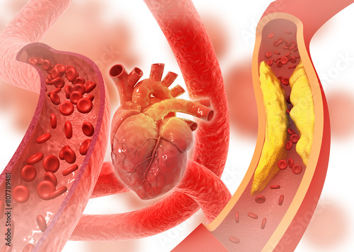 Cholesterol in human heart, Clogged blood vessels,3d illustration...